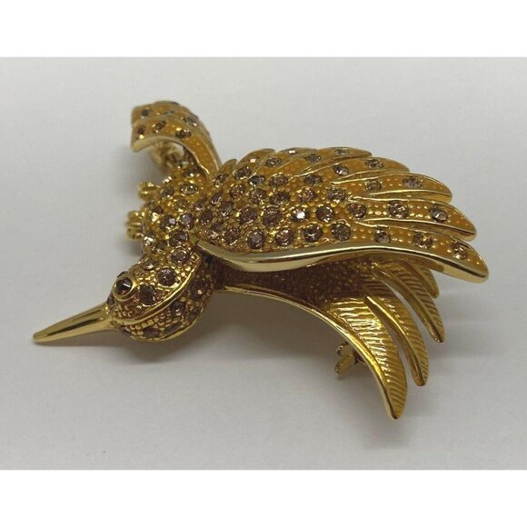 Vintage Hummingbird in Flight Brooch Pin Gold Tone Rhinestone Flying Bird - Picture 6 of 6